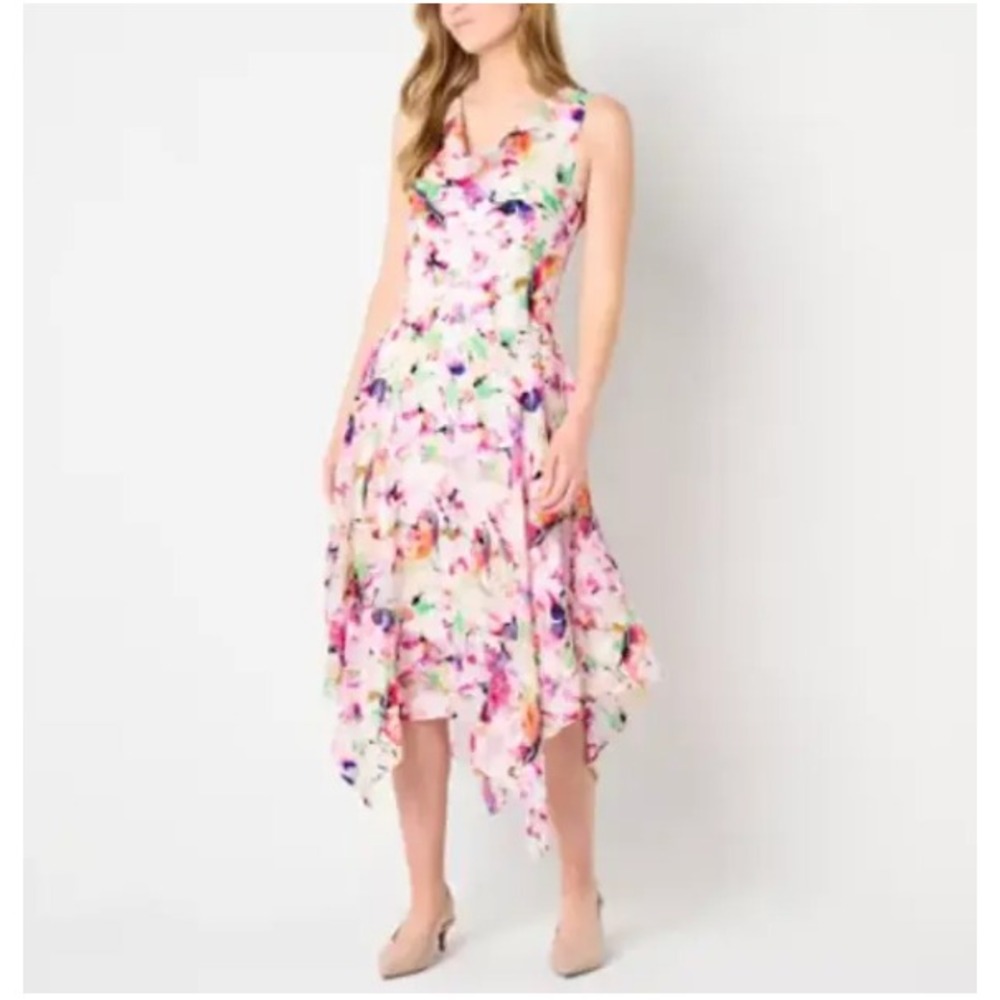 Robbie Bee Dress Womens 12 Floral Cowl Neck Asymmetrical Chiffon Fairy Whimsy